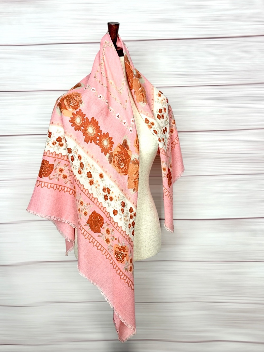 Vintage Made in France Wool Rayon Blend Floral Square Scarf Shawl 43” Pink